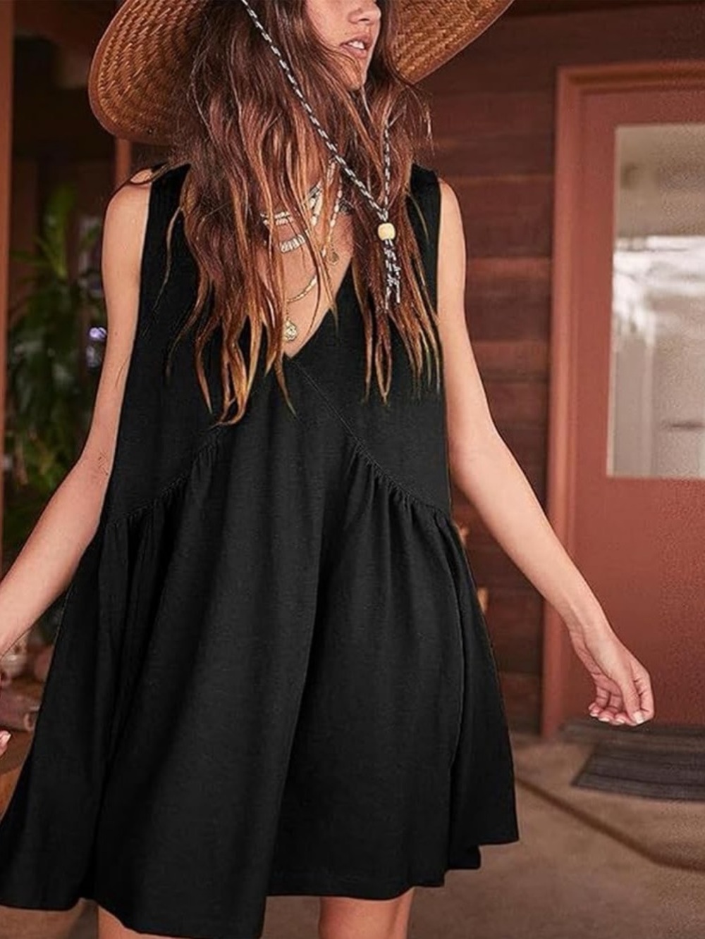 Black Mini Swing Dress V Neck Boho Oversized Layering Flowy